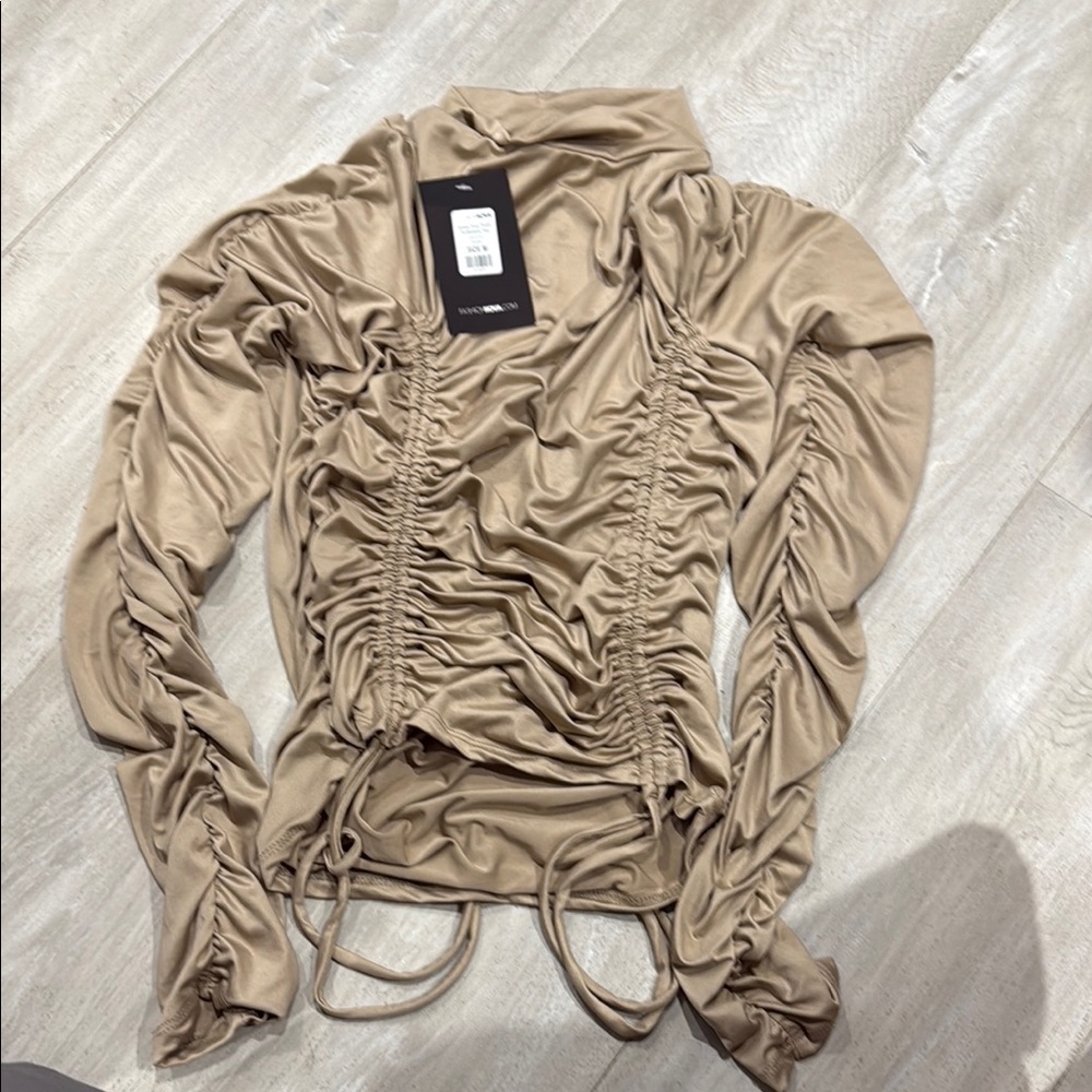 Fashion Nova Tan Ruched Long Sleeve Blouse